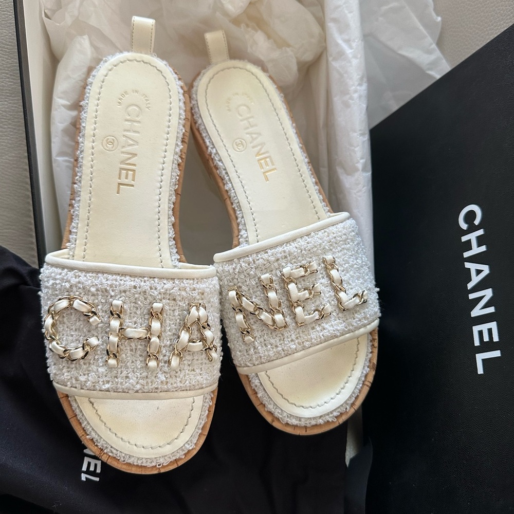 CHANEL Women's White and Cream Slide Sandals